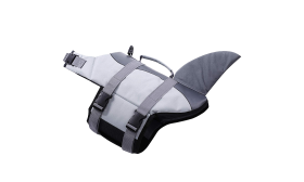 Shark-themed dog life jacket with secure straps, adjustable design. Suitable for different types of dogs.
