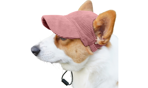 Corgi wearing a breathable light pink ribbed dog sports hat, lightweight, to protect from the sun during summer outings.