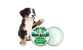 Organic Paw Balm for Dogs and Cats Green and white tin and box of organic, all-natural paw balm for dogs and cats, 60g, lick-safe formula.