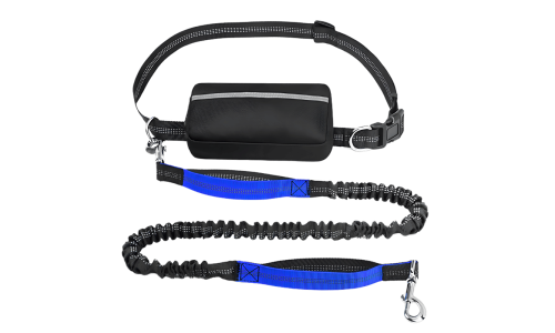 Blue hands-free dog leash with adjustable waist belt and storage pouch, extending from 27 to 48 inches, for safe running.