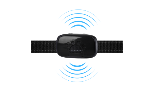 No-shock anti-bark dog collar with a paw print design, featuring sound and vibration detection for humane bark control.