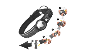 Black reflective dog collar with Airtag holder, adjustable, lightweight nylon, comfortable and sturdy materials.