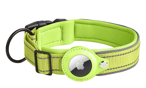 Green reflective dog collar with Airtag holder, adjustable, lightweight nylon, for dog tracking and visibility.