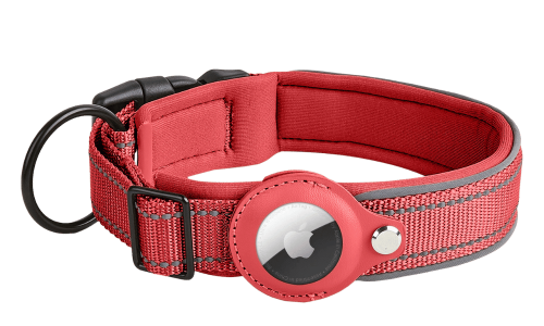 Red reflective dog collar with Airtag holder, adjustable, lightweight nylon, for dog tracking and visibility.