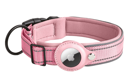 Light pink reflective dog collar with Airtag holder, adjustable, lightweight nylon, for dog tracking and visibility.