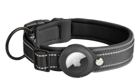 Black reflective dog collar with Airtag holder, adjustable, lightweight nylon, for dog tracking and visibility.
