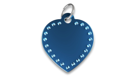 Blue luxury heart shaped dog tag with rhinestones and silver ring, customisable with personalised dog name.