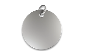 Silver round shaped dog tag with smooth finish, with a silver ring, customisable with engraved dog name.