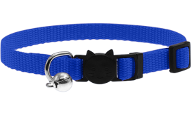 Adjustable breakaway cat collar in blue, lightweight, with a safety buckle with cat design and a small silver bell.