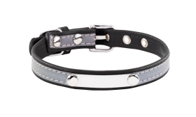 Reflective Engraved Dog Collar Reflective black dog collar with built-in ID plate for dog name engraving, 10.6 - 13.4 inches in length and 0.59 inches wide.