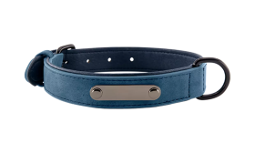 Blue luxury velvet dog collar with built-in ID plate for name engraving, 35 - 37cm in length and 1.7cm wide, with D-ring.
