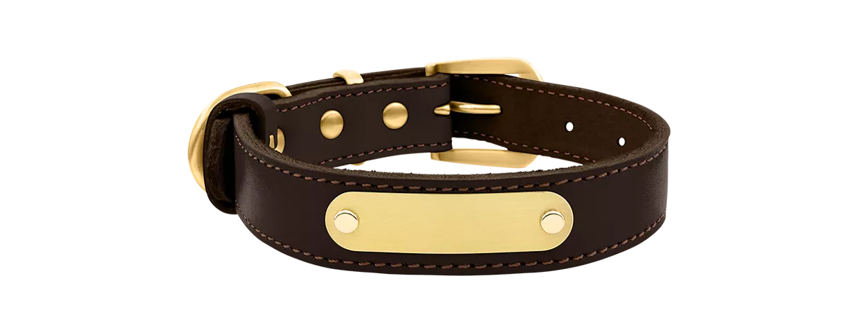 Luxury Genuine Leather Engraved Dog Collar Luxury genuine leather dog collar in brown with built-in gold ID plate for name engraving, 47-51cm in length and 2.5 cm wide.
