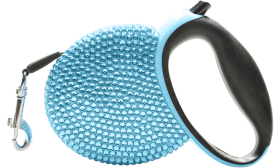 Blue luxury retractable dog leash covered in sparkling blue rhinestones, with a black handle, extending up to 3 meters.