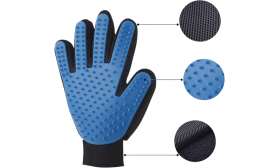 Blue grooming glove designed for grooming dogs and cats, detailed five fingers with rubber tips for effective pet grooming.