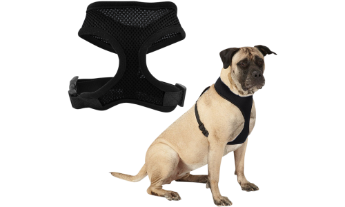 Black mesh dog harness, lightweight, designed for comfort, with adjustable black straps and durable clip.