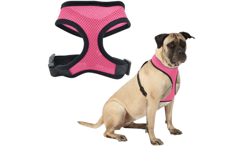 Pink mesh dog harness, lightweight, designed for comfort, with adjustable black straps and durable clip.