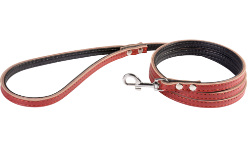 Red leather dog leash, 1.5 meters, size small, sturdy stitching, durable clasp, padded inside genuine leather.