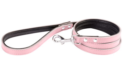 Pink leather dog leash, 1.5 meters, size medium, sturdy stitching, durable clasp, padded inside, genuine leather.