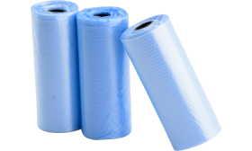 Three rolls of 15 blue dog poop bags, durable and leak-proof, perfect for clean and convenient waste disposal on walks.