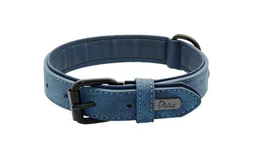 Blue luxury velvet dog collar, 35-37cm length and 1.7cm width, featuring a black metal buckle and D-ring for a stylish look.
