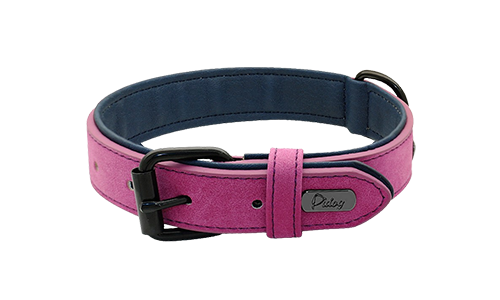 Pink luxury velvet dog collar, 35-37cm length and 1.7cm width, featuring a black metal buckle and D-ring for a stylish look.