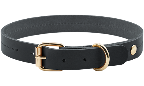 High-end genuine leather dog collar in tan black, 43-53cm length and 3.2cm width, with gold buckle and D-ring for durability.