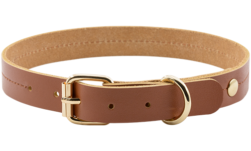 High-end genuine leather dog collar in tan brown, 43-53cm length and 3.2cm width, with gold buckle and D-ring for durability.