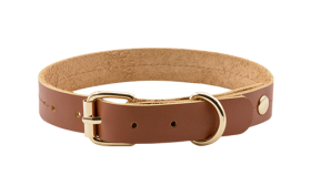 High-end Genuine Leather Dog Collar High-end genuine leather dog collar in tan brown, 27-34cm length and 2.2cm width, with gold buckle and D-ring for durability.