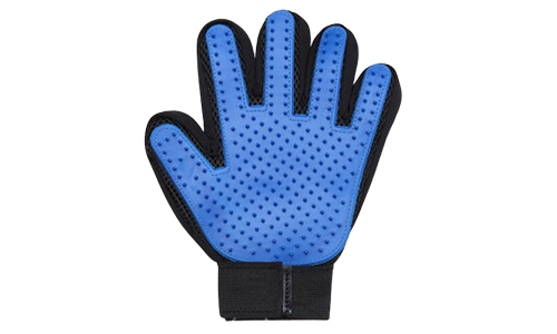 Blue grooming glove designed for grooming dogs, enhanced five fingers designed with rubber tips, with adjustable strap.
